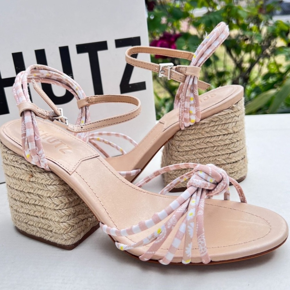 New Schutz Dahra Knotted Print Fabric Block Heel Espadrille Sandals - Picture 7 of 13